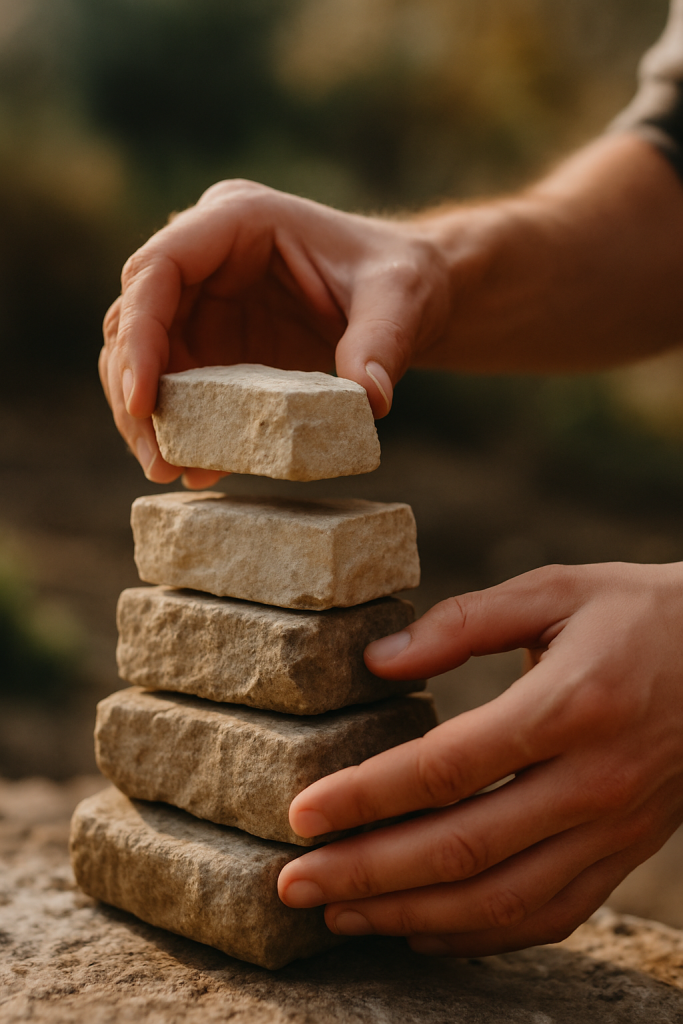Mains d’un homme empilant des pierres, symbole de construction progressive de la confiance en soi.