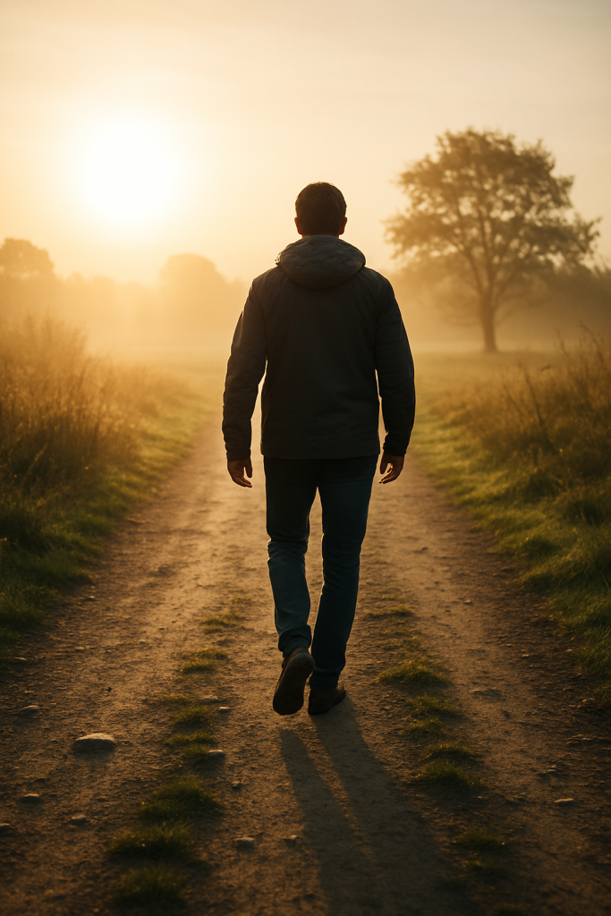 Personne marchant sur un chemin ensoleillé, symbole du passage à l’action et de la progression vers la confiance en soi.