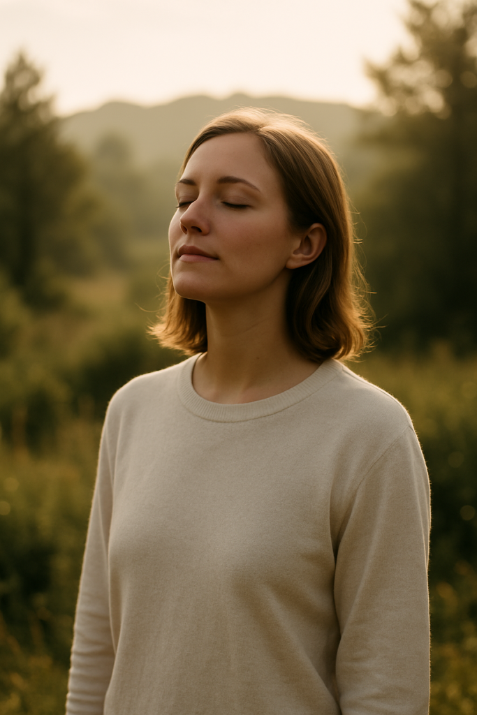 Femme debout dans la nature, les yeux fermés, symbolisant la sérénité et la confiance retrouvée après un parcours intérieur.