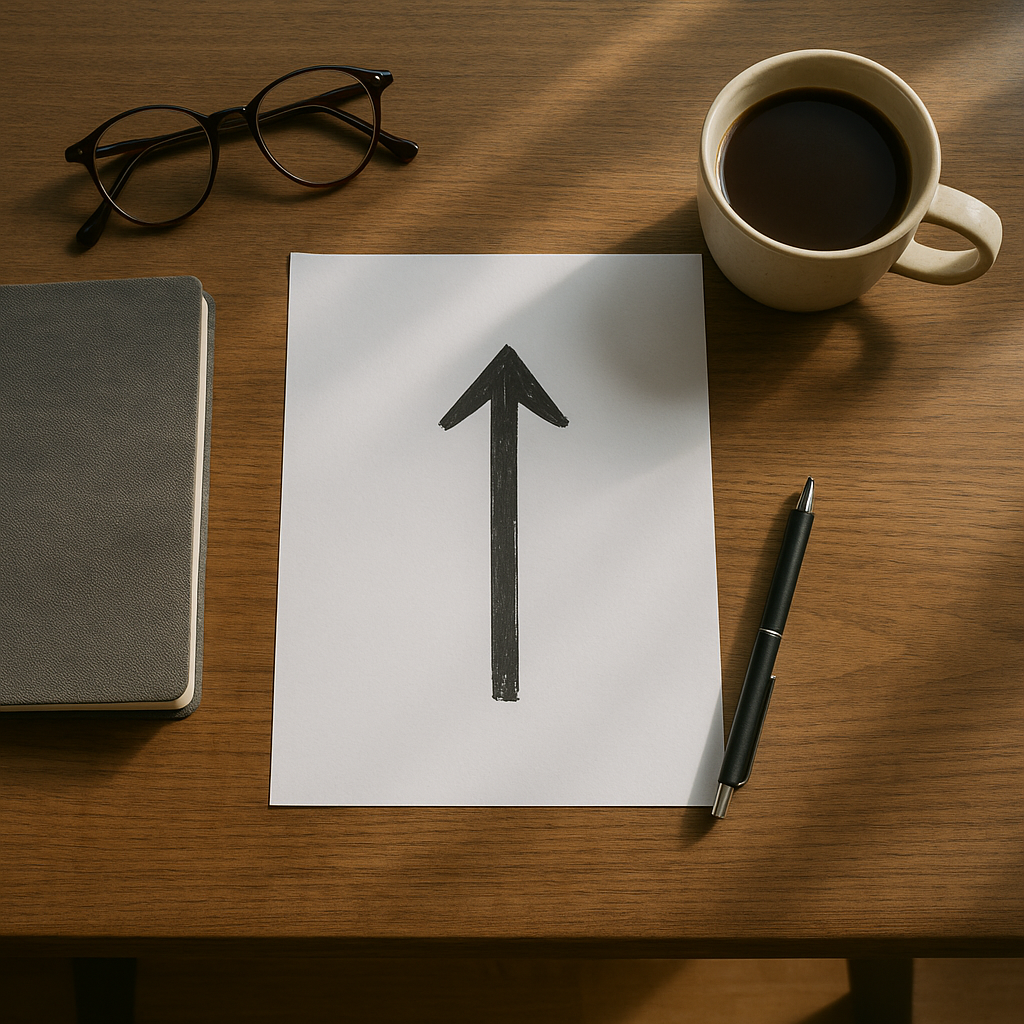 Vue de dessus d’une table en bois avec une flèche dessinée à la main sur une feuille — symbole de clarté, de direction et de décision consciente