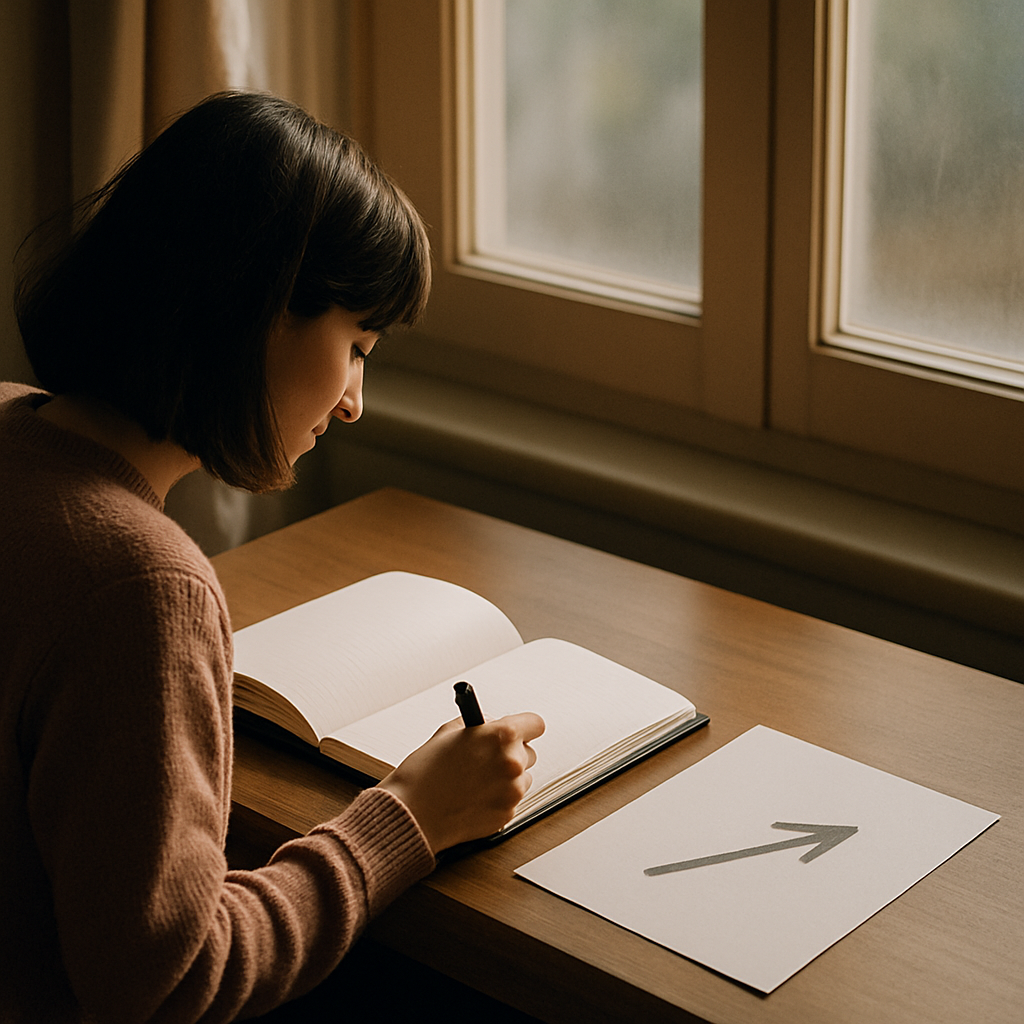 Une femme sur un bureau en bois en train d'écrire face à une fenêtre 