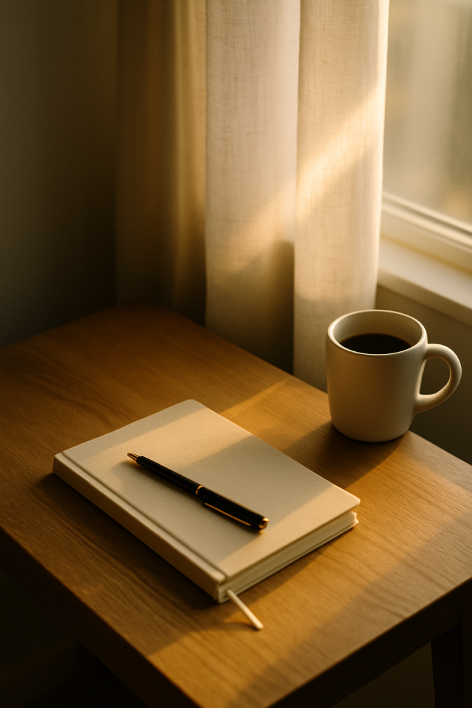 Une table en bois avec une tasse de café et un cahier blanc avec un stylo dessus 