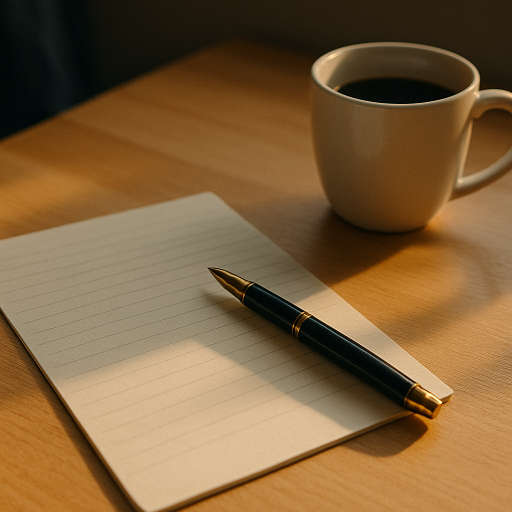 Stylo noir et doré posé sur un carnet, à côté d’une tasse de café — symbole de clarté et de sérénité dans l’écriture.