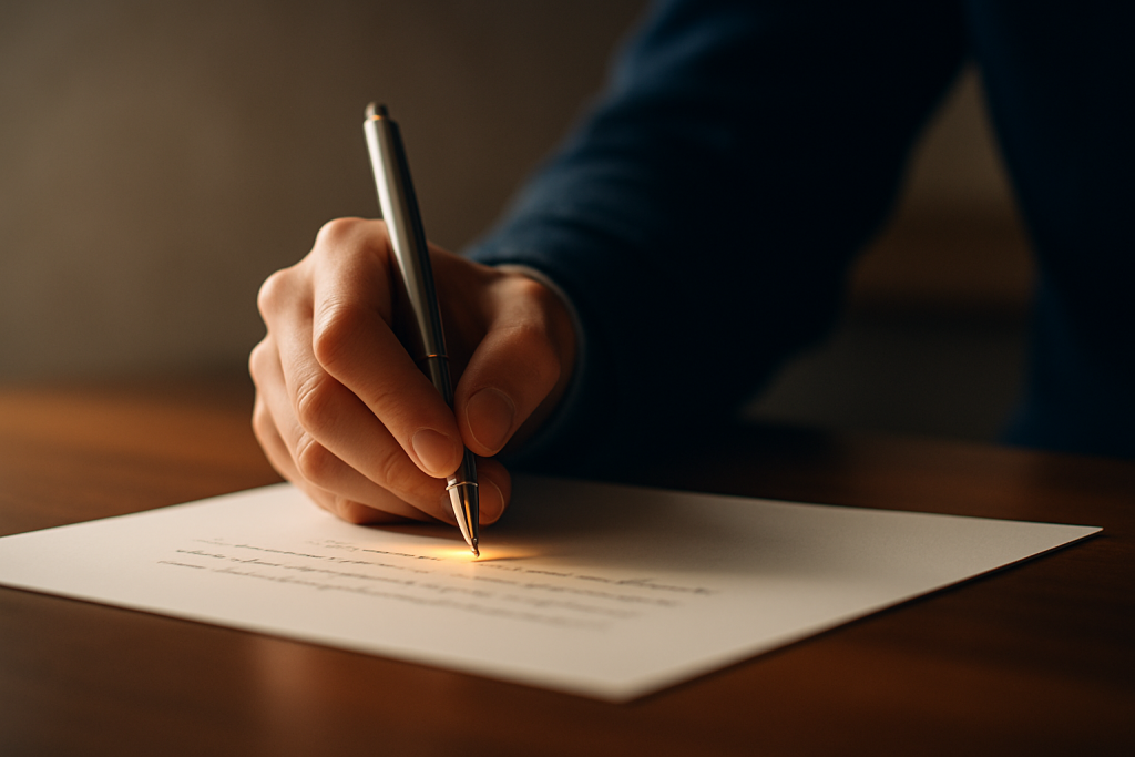 Image d'une main masculine qui écrit avec un beau stylo sur papier blanc