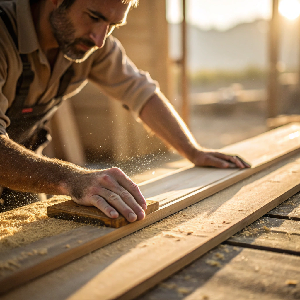 Un homme qui ponce une planche de bois 