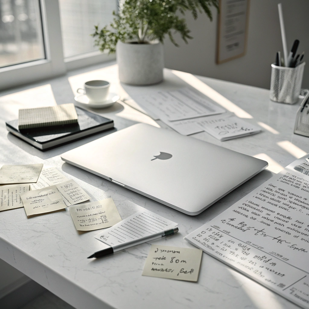 Un bureau en pleine lumière du matin, un ordinateur fermé et des notes manuscrites dispersées : une scène de réflexion intense et d’idées accumulées.