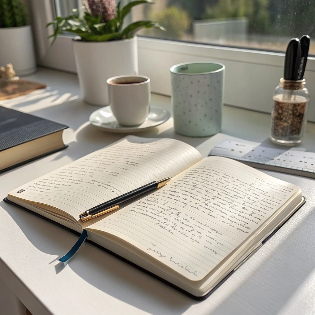 Un carnet ouvert couvert de notes manuscrites, un stylo posé dessus, dans la lumière du matin, entouré d’une tasse de café et d’outils de travail : une scène d’écriture ancrée dans le réel.