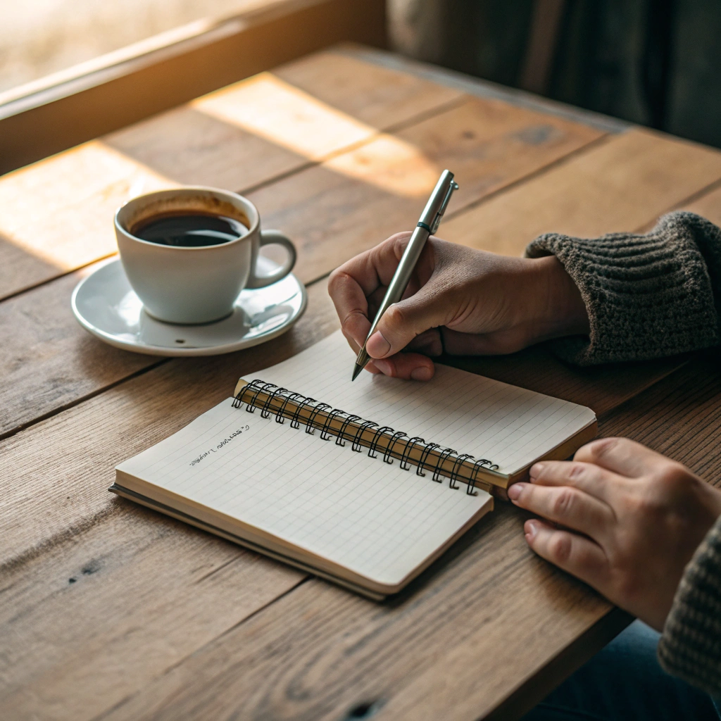 Main d’adulte écrivant dans un carnet sur une table en bois avec une tasse de café, lumière naturelle chaude, symbolisant la réflexion, la rigueur et l’expérience vécue.