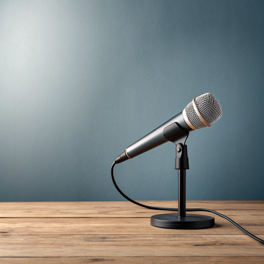Micro débranché posé sur une table en bois clair, éclairé par une lumière douce, symbolisant la perte de crédibilité des experts dans un monde saturé de discours.