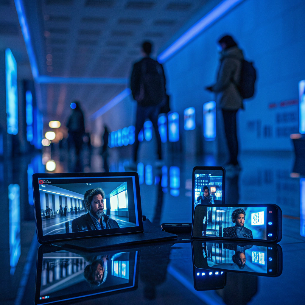 Écrans d’ordinateur et smartphones affichant des vidéos et des contenus multiples, lumière bleue, symbolisant la saturation d’informations et la confusion des discours en ligne.