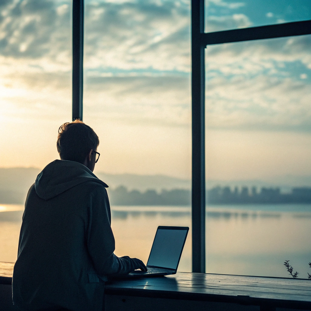 Silhouette de dos devant un ordinateur portable, éclairée par la lumière du matin, symbolisant la réflexion, la sincérité et le retour à une parole authentique.
