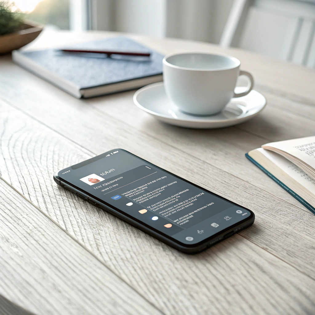 Un smartphone rempli de notifications sur une table en bois, à côté d’une tasse de café et de carnets : une scène quotidienne de surcharge d’informations.