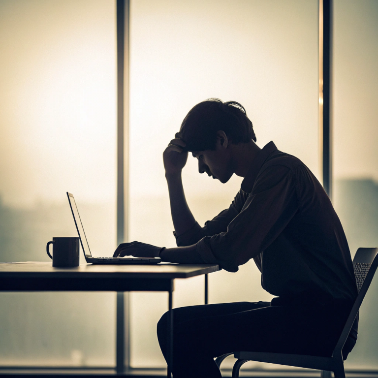 Un individu pensif, penché sur son ordinateur, la main sur le front, dans la lumière douce d’une grande baie vitrée.