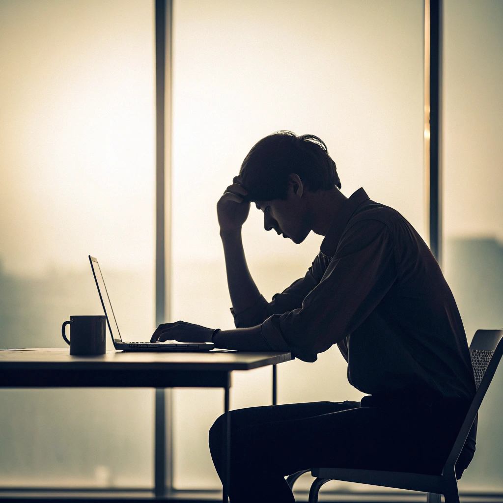 Un individu pensif, penché sur son ordinateur, la main sur le front, dans la lumière douce d’une grande baie vitrée.